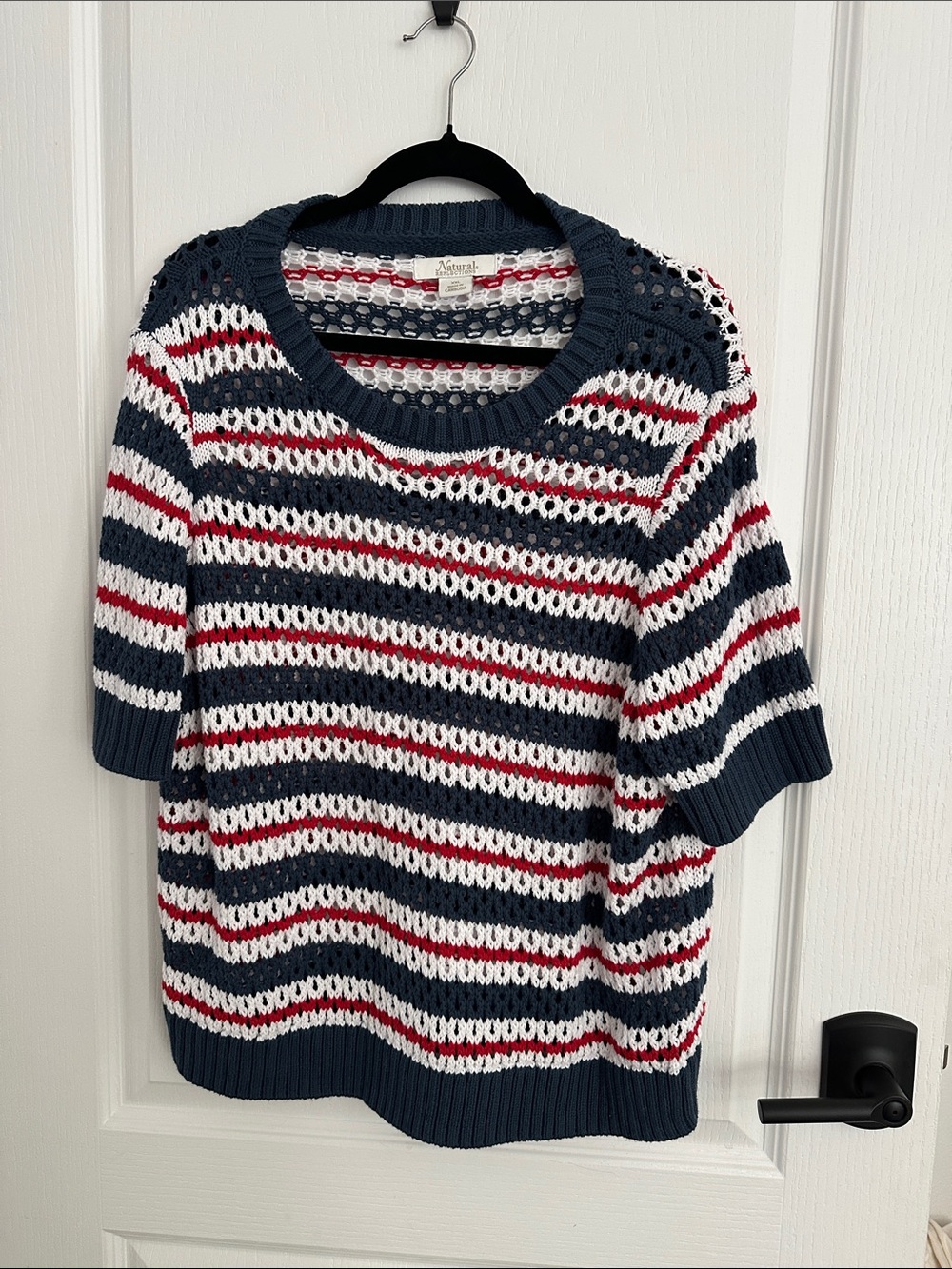 Natural Reflections Navy White Red Open-Knit Striped Crewneck Sweater